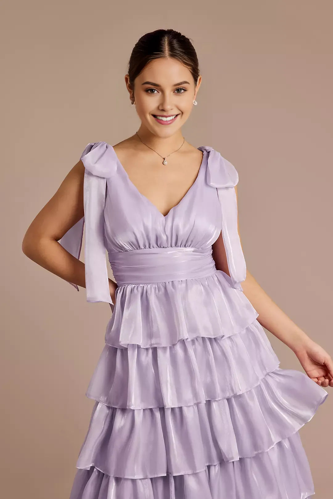 Charming A-Line Plunging V-Neck Tie-Shoulder Tiered-Ruffle Open Back Floor-Length Prom Dresses with Bows