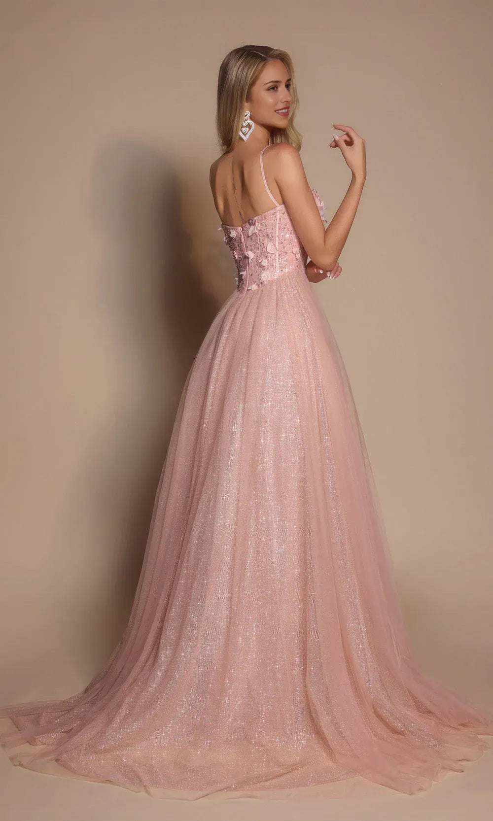 Charming A-Line Spaghetti Straps Sleeveless Back Zip Applique Glitter Tulle Floor-Length Prom Dresses