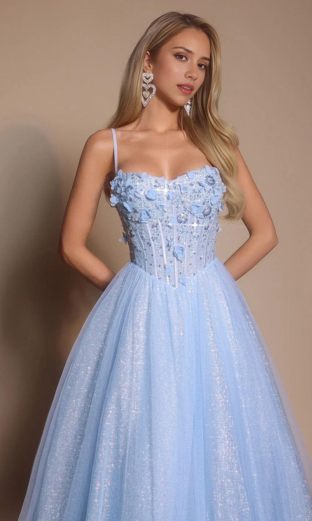 Charming A-Line Spaghetti Straps Sleeveless Back Zip Applique Glitter Tulle Floor-Length Prom Dresses