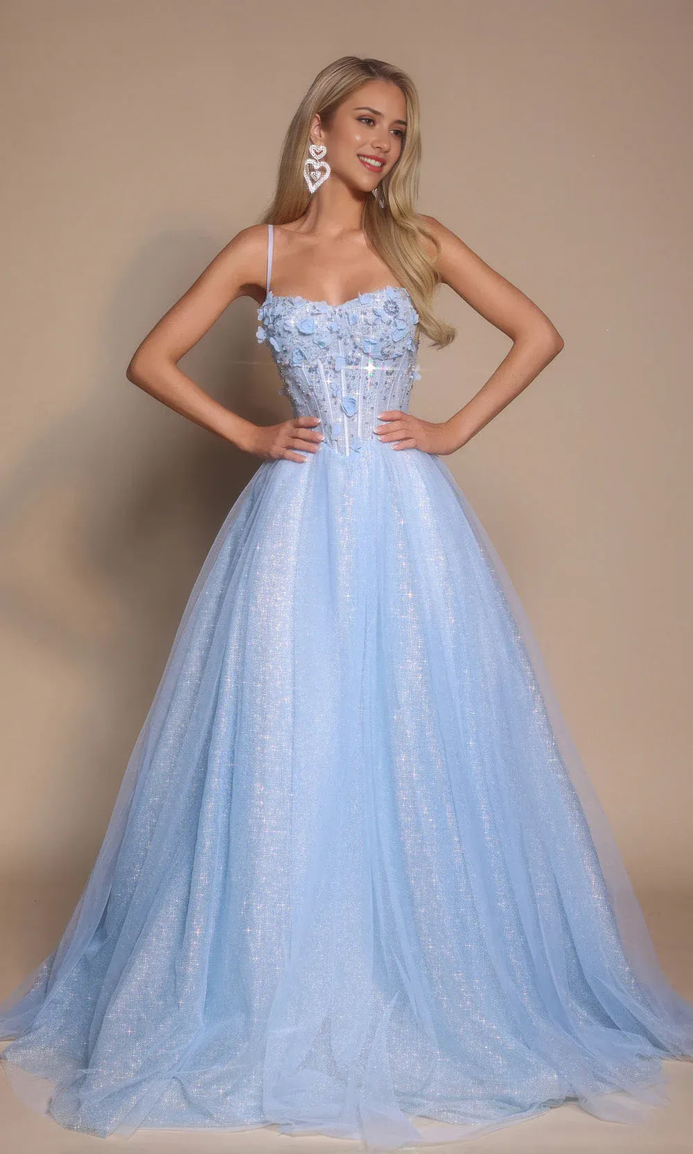 Charming A-Line Spaghetti Straps Sleeveless Back Zip Applique Glitter Tulle Floor-Length Prom Dresses