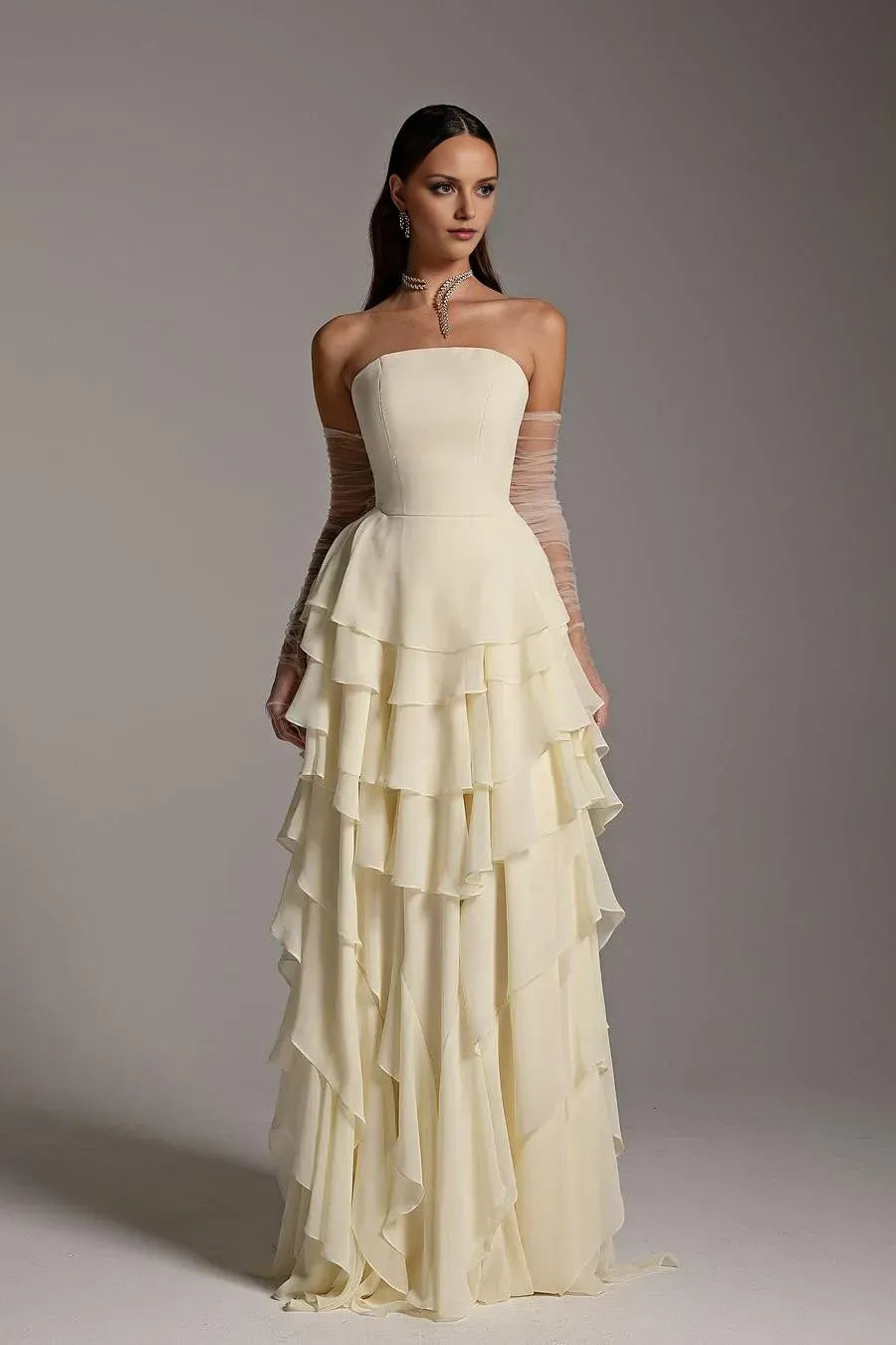 Charming A-Line Strapless Sleeveless Back Zip Ruffled layering Chiffon Floor-Length Prom Dress