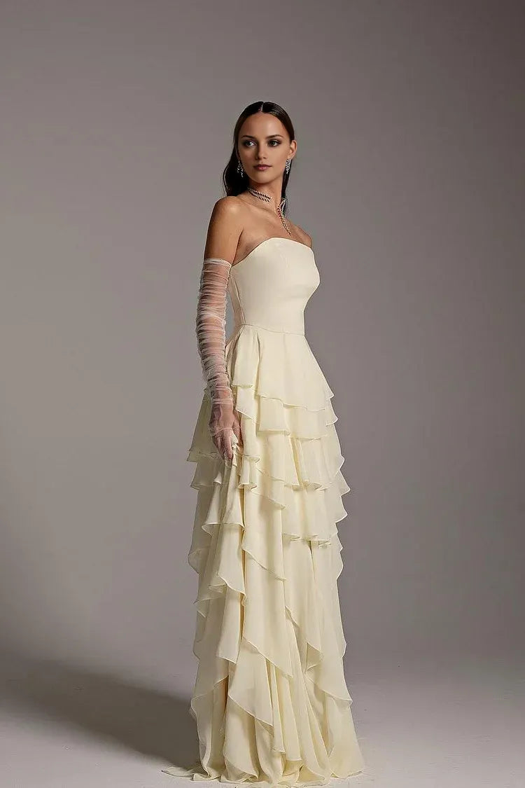 Charming A-Line Strapless Sleeveless Back Zip Ruffled layering Chiffon Floor-Length Prom Dress