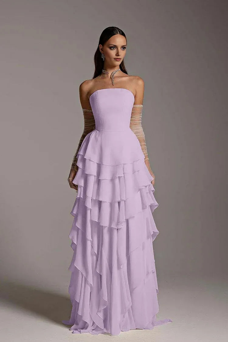 Charming A-Line Strapless Sleeveless Back Zip Ruffled layering Chiffon Floor-Length Prom Dress
