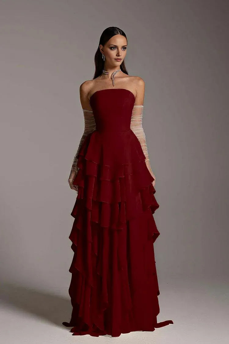 Charming A-Line Strapless Sleeveless Back Zip Ruffled layering Chiffon Floor-Length Prom Dress