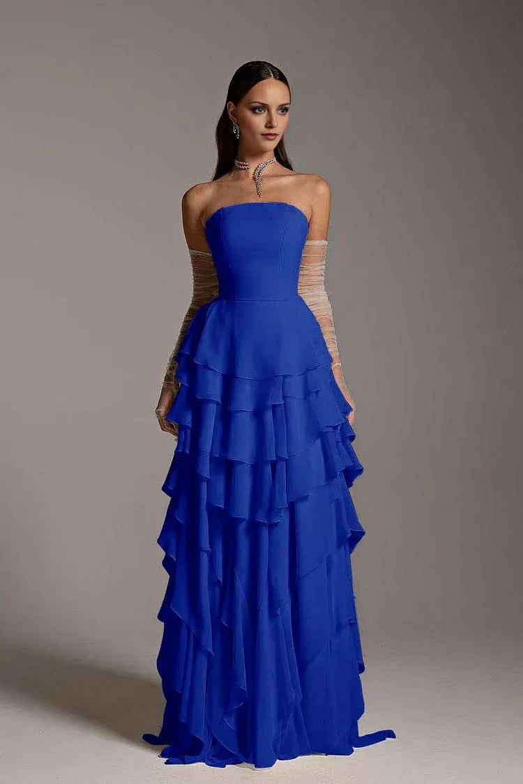 Charming A-Line Strapless Sleeveless Back Zip Ruffled layering Chiffon Floor-Length Prom Dress
