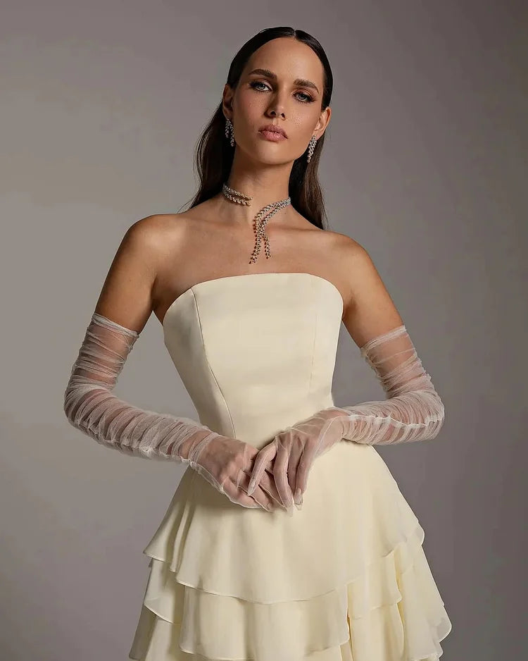 Charming A-Line Strapless Sleeveless Back Zip Ruffled layering Chiffon Floor-Length Prom Dress