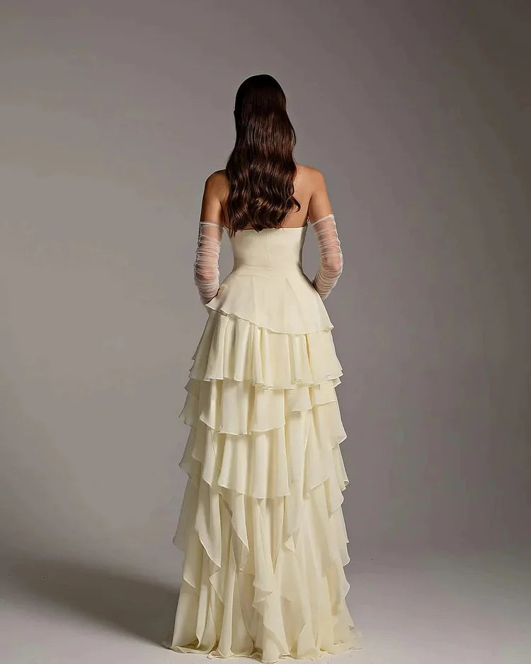 Charming A-Line Strapless Sleeveless Back Zip Ruffled layering Chiffon Floor-Length Prom Dress