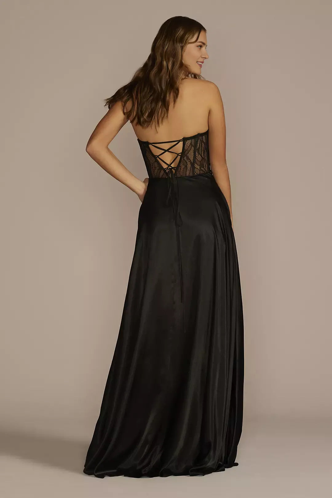 Charming A-Line Strapless Sleeveless Lace-Up Illusion Lace Applique Satin High-Slit Floor-Length Prom Dresses