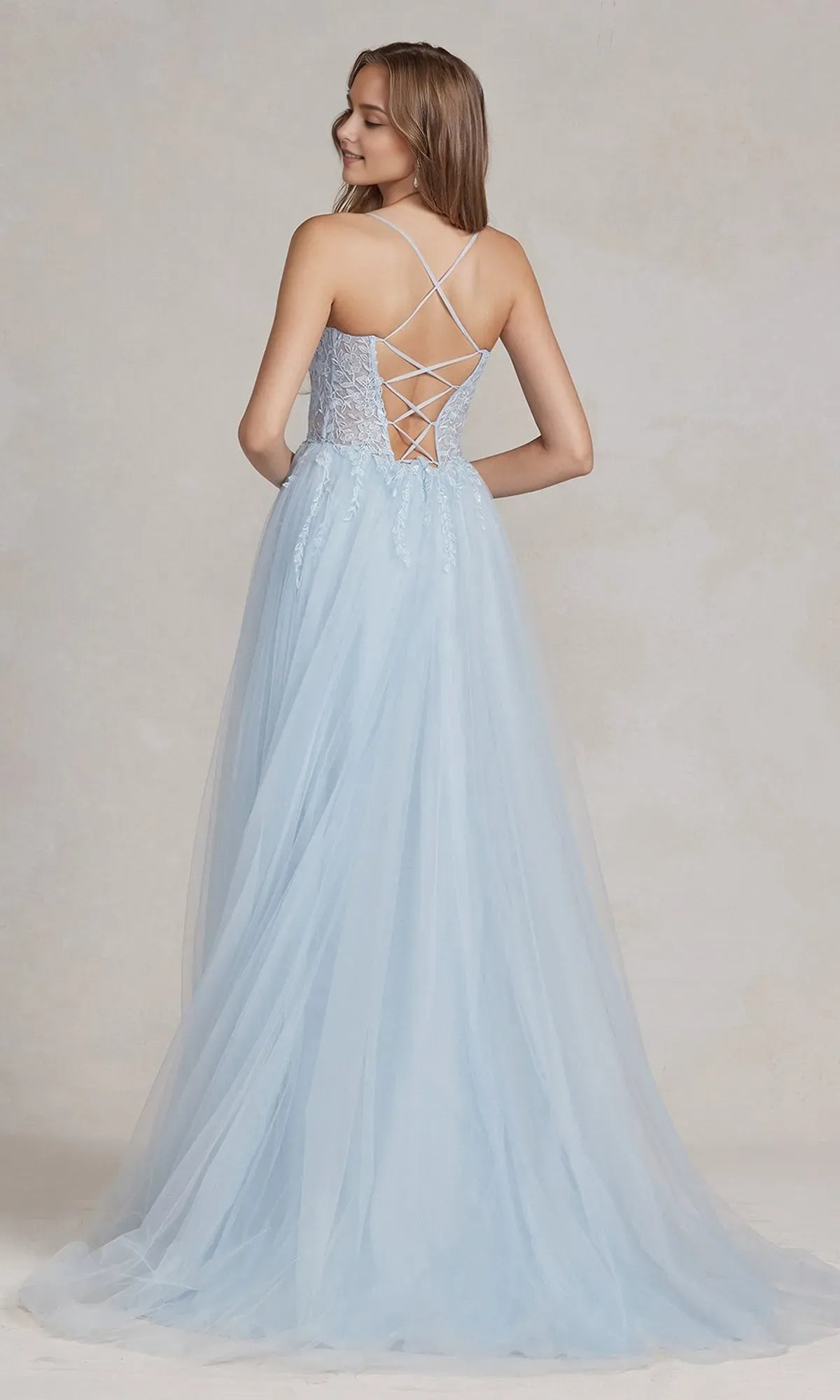  Charming A-Line Sweetheart Neck Spaghetti Straps Floor-Length Crisscross Back Lace Applique Tulle High-Slit Prom Dresses