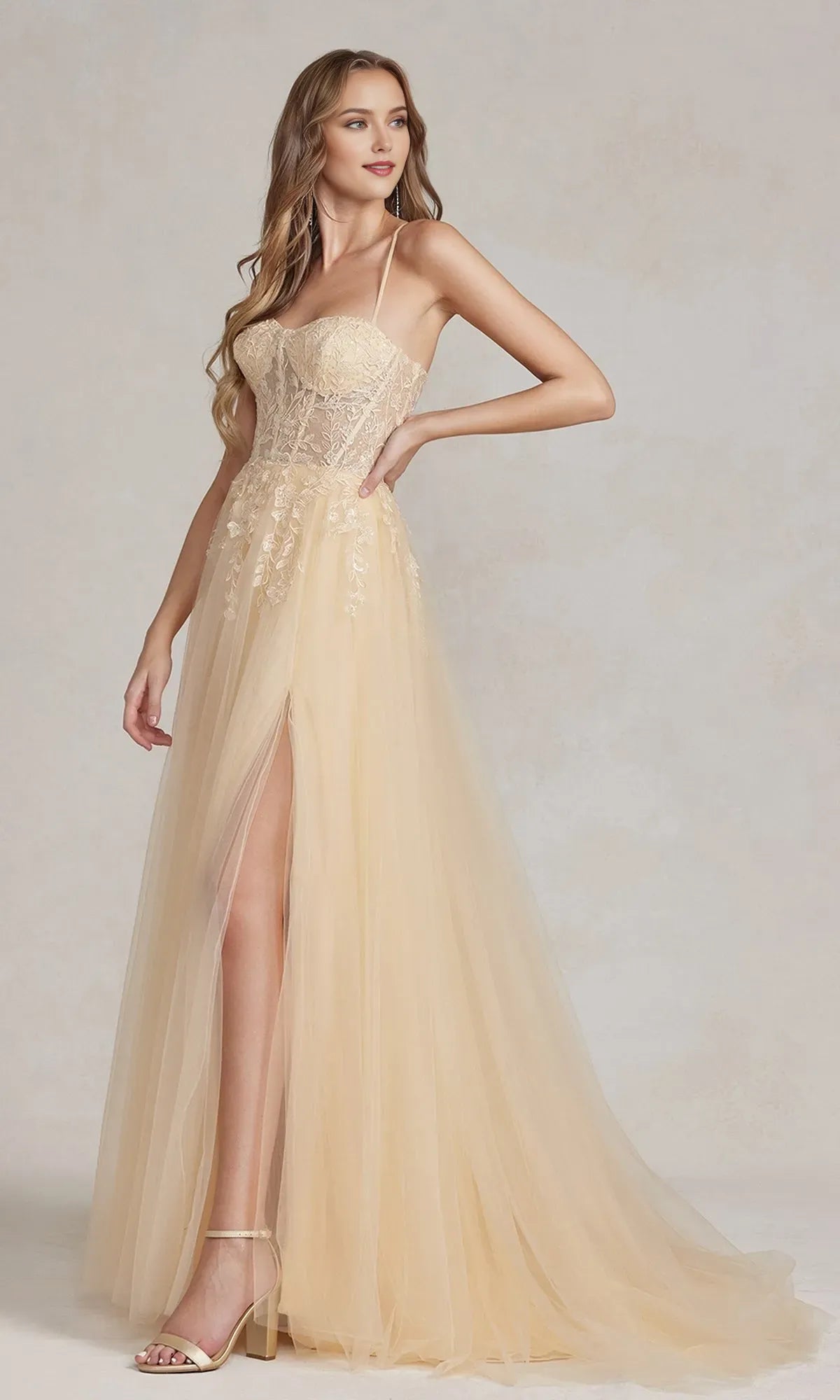  Charming A-Line Sweetheart Neck Spaghetti Straps Floor-Length Crisscross Back Lace Applique Tulle High-Slit Prom Dresses