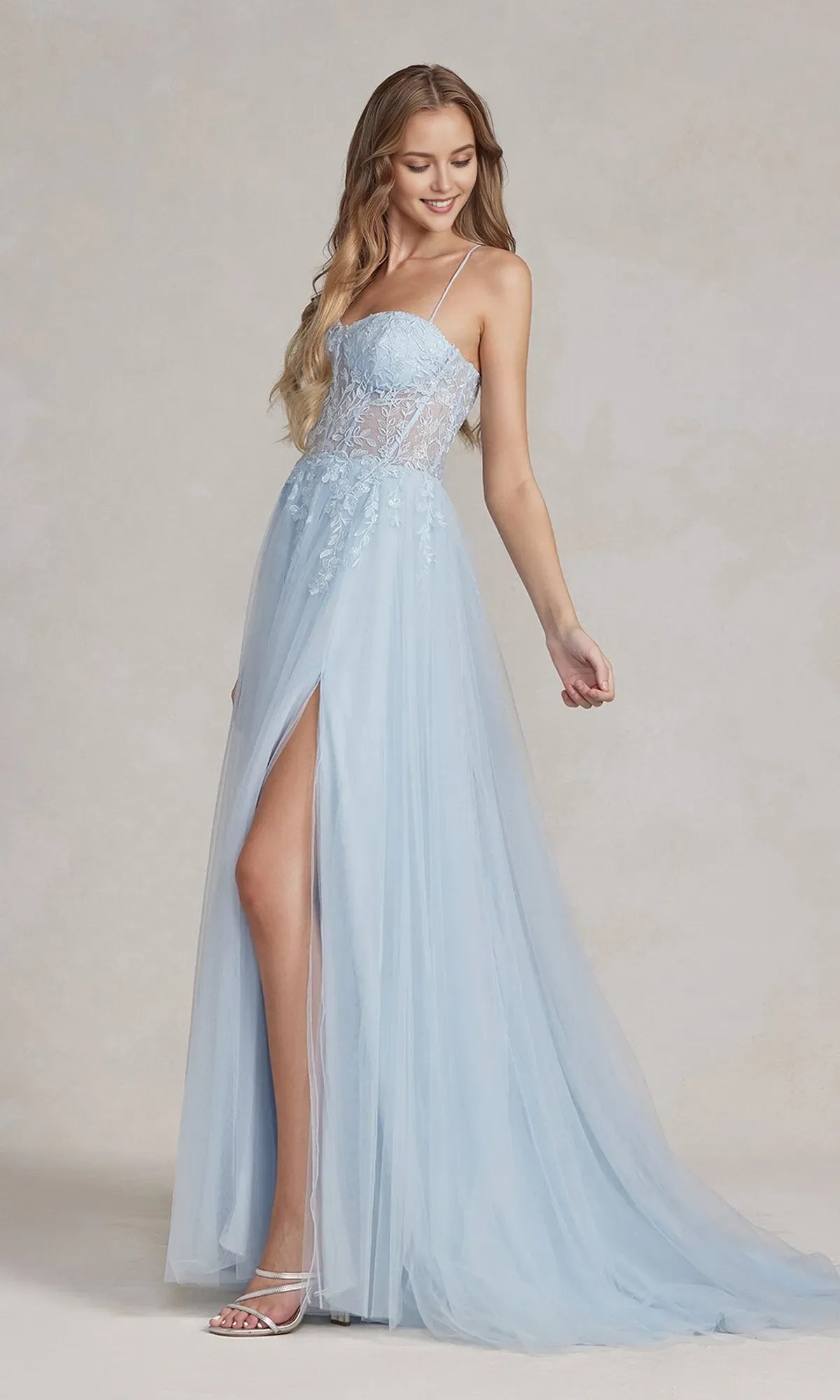  Charming A-Line Sweetheart Neck Spaghetti Straps Floor-Length Crisscross Back Lace Applique Tulle High-Slit Prom Dresses