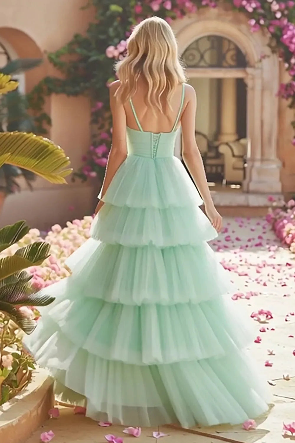 Charming A-Line Sweetheart Neck Spaghetti Straps Lace Up Tiered Tulle Floor-Length Prom Dress with Ruffles