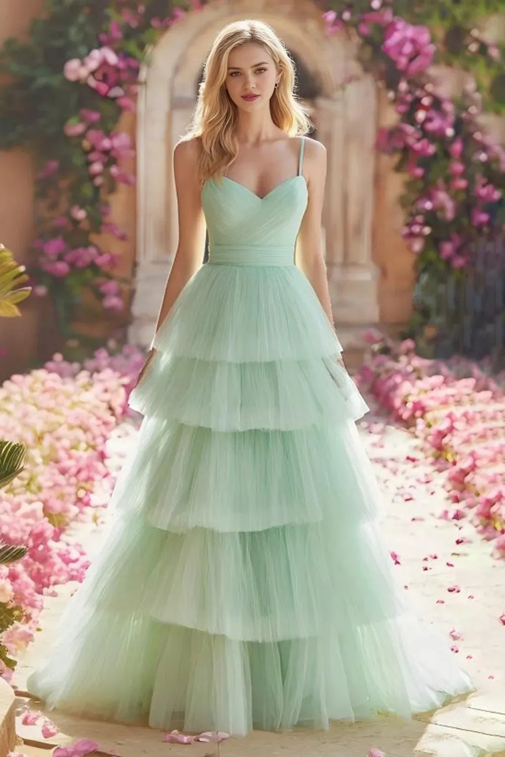 Charming A-Line Sweetheart Neck Spaghetti Straps Lace Up Tiered Tulle Floor-Length Prom Dress with Ruffles
