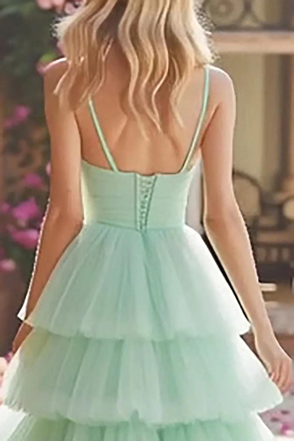 Charming A-Line Sweetheart Neck Spaghetti Straps Lace Up Tiered Tulle Floor-Length Prom Dress with Ruffles
