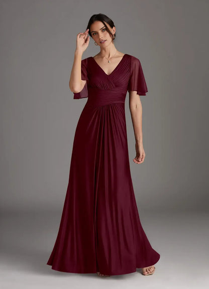 Charming  A-Line V-Neck Flutter Sleeve V back Back Zip  Floor-Length Mother of the Bride Dress for bride hot sale