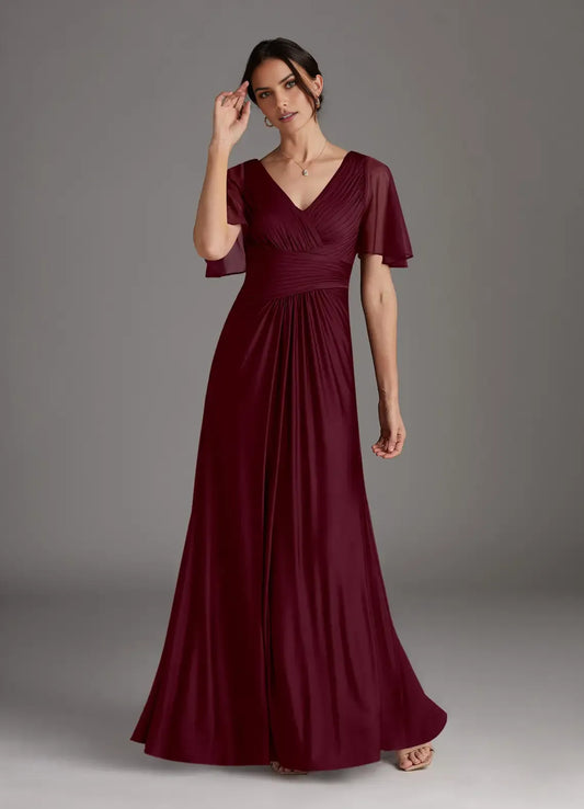 Charming  A-Line V-Neck Flutter Sleeve V back Back Zip  Floor-Length Mother of the Bride Dress for bride hot sale