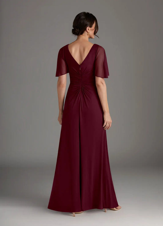 Charming  A-Line V-Neck Flutter Sleeve V back Back Zip  Floor-Length Mother of the Bride Dress for bride hot sale