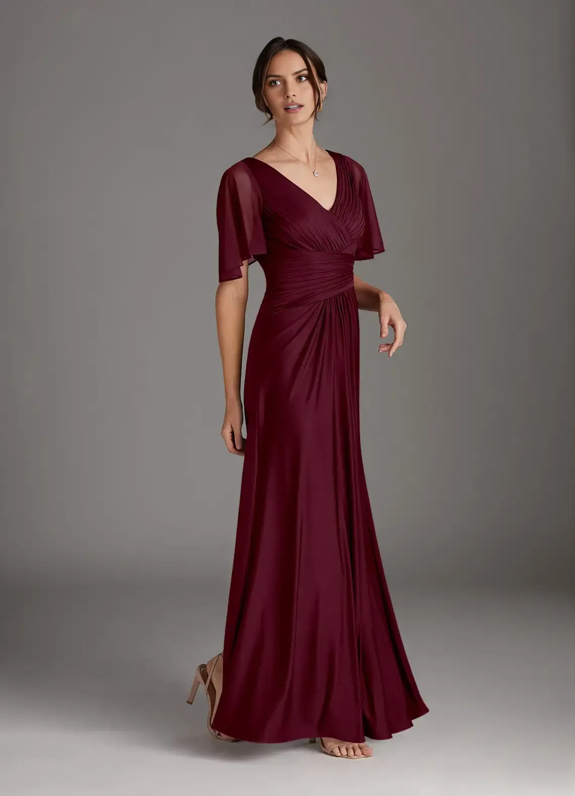 Charming  A-Line V-Neck Flutter Sleeve V back Back Zip  Floor-Length Mother of the Bride Dress for bride hot sale