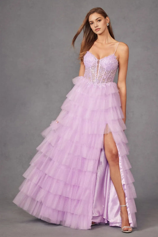 Charming A-Line sweetheart Applique Sleeveless Lace Up Sequins Floor length side leg slit tiered ruffles prom dress for women hot sale