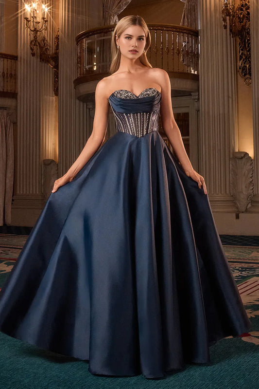 Charming A-line Navy illusion sweetheart Strapless beaded embellished Lace Up Floor length side leg slit prom dress Custom