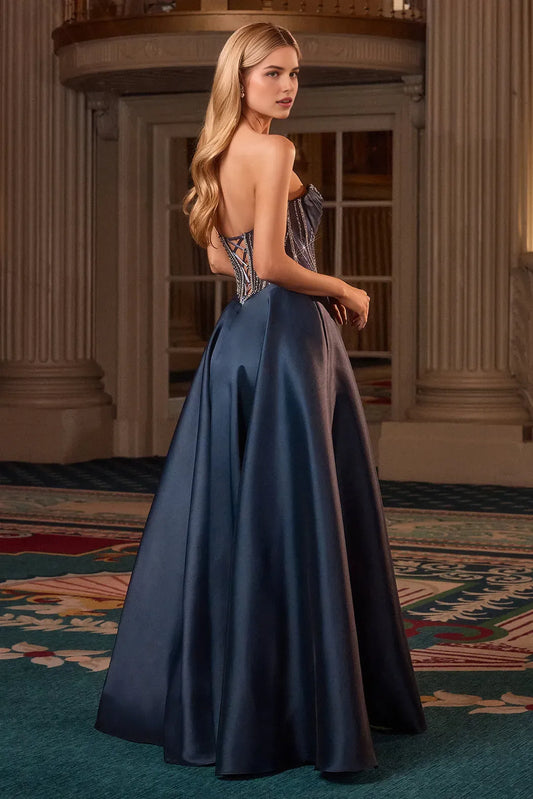 Charming A-line Navy illusion sweetheart Strapless beaded embellished Lace Up Floor length side leg slit prom dress Custom