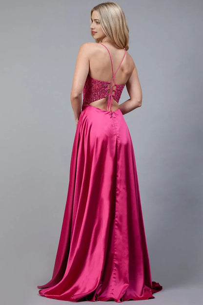 Charming  A-line Satin illusion V-neck Sleeveless embroidered sequin applique lace-up cutout Floor length side leg slit prom dress for women for sale