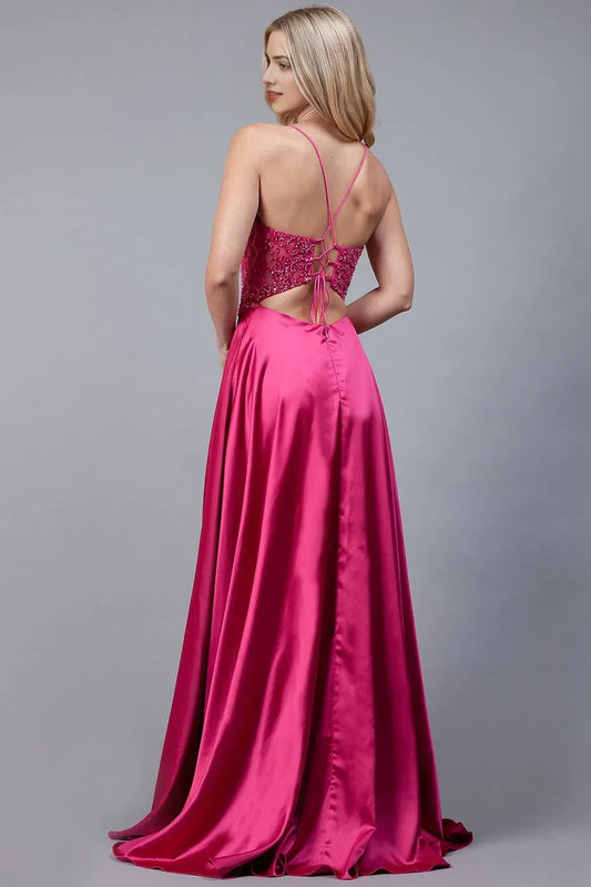 Charming  A-line Satin illusion V-neck Sleeveless embroidered sequin applique lace-up cutout Floor length side leg slit prom dress for women for sale