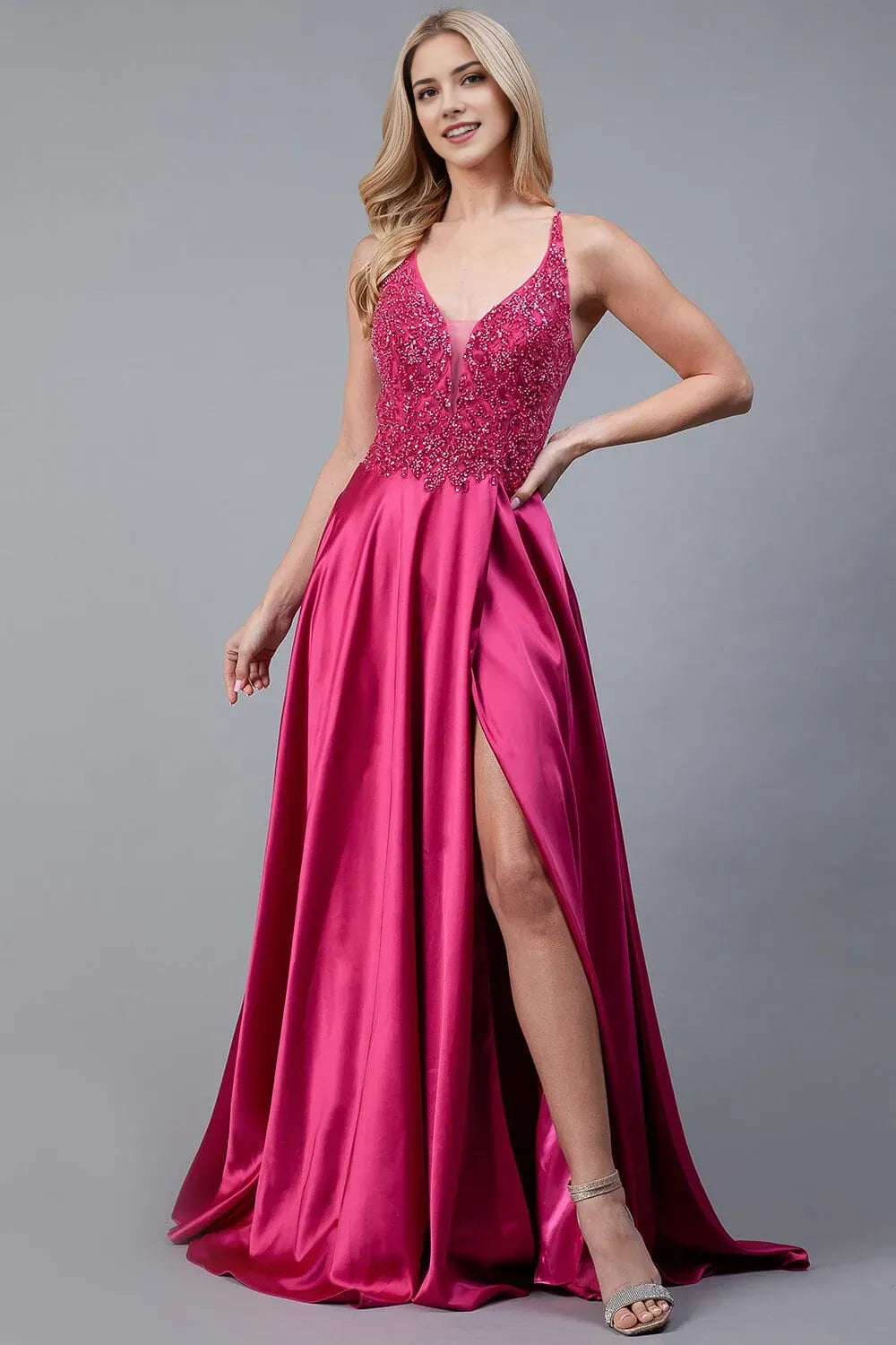Charming  A-line Satin illusion V-neck Sleeveless embroidered sequin applique lace-up cutout Floor length side leg slit prom dress for women for sale