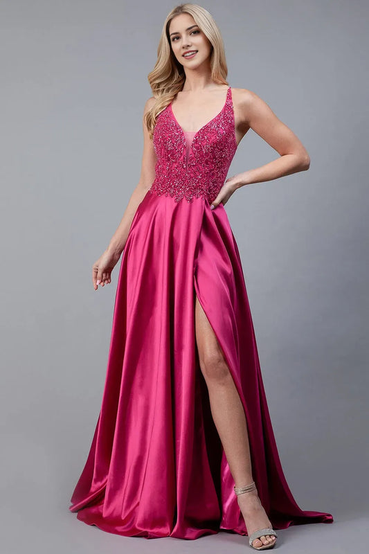 Charming  A-line Satin illusion V-neck Sleeveless embroidered sequin applique lace-up cutout Floor length side leg slit prom dress for women for sale