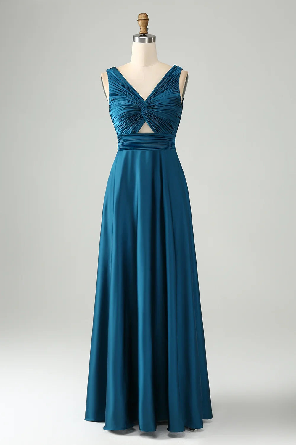 Charming A-line V-neck hollow pleated satin long bridesmaid dress