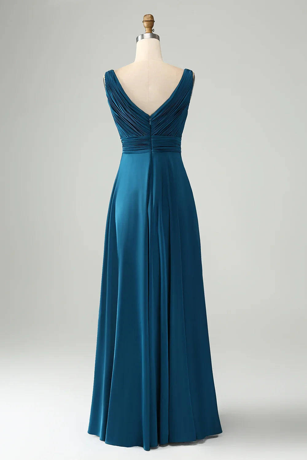 Charming A-line V-neck hollow pleated satin long bridesmaid dress
