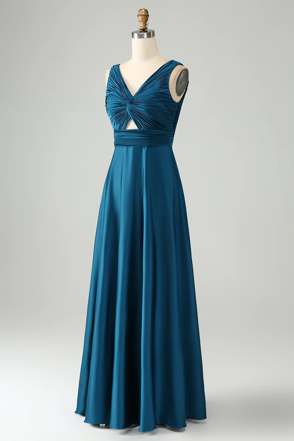 Charming A-line V-neck hollow pleated satin long bridesmaid dress