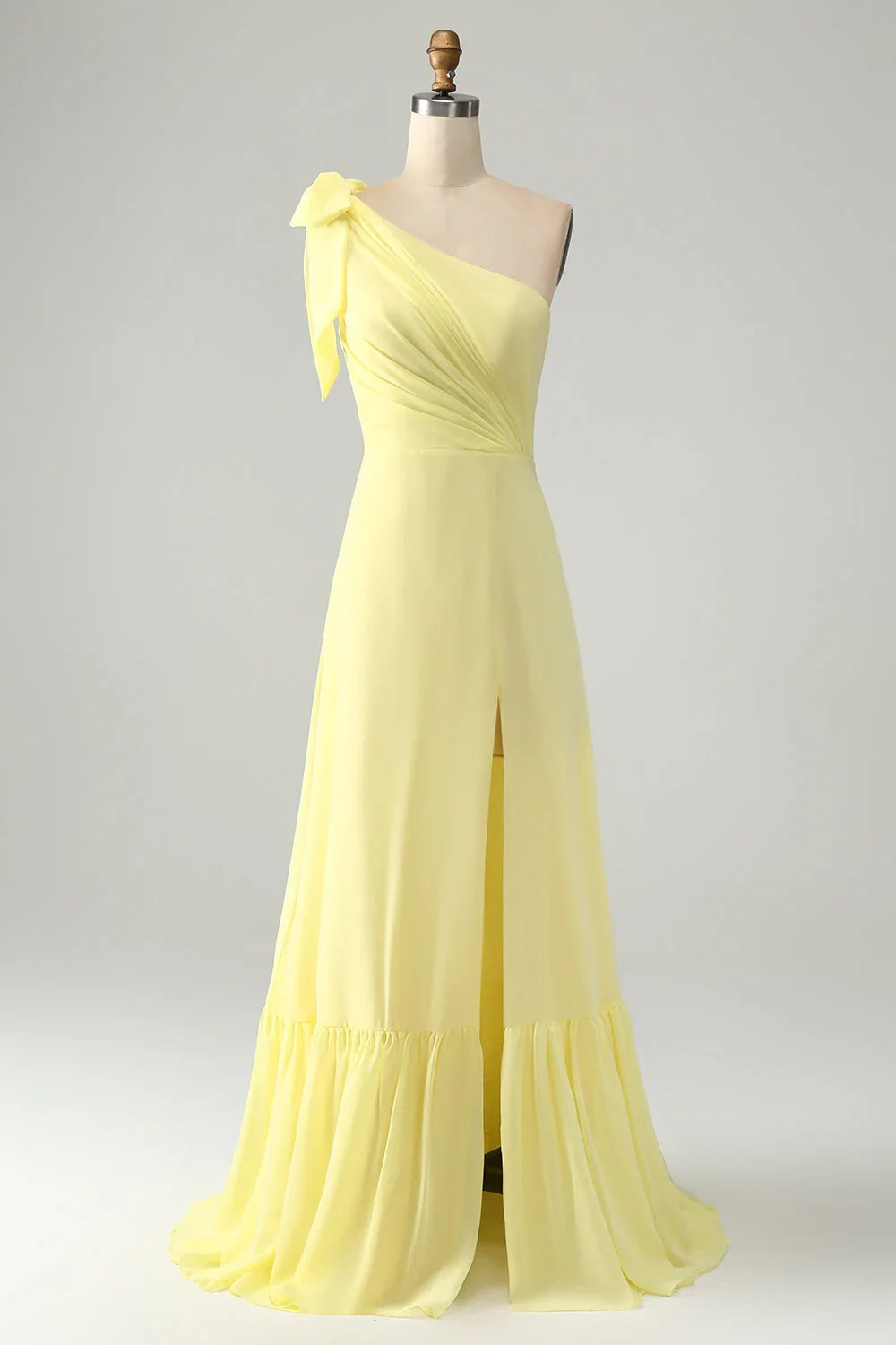 Charming A-line one shoulder pleated long slit bridesmaid dress