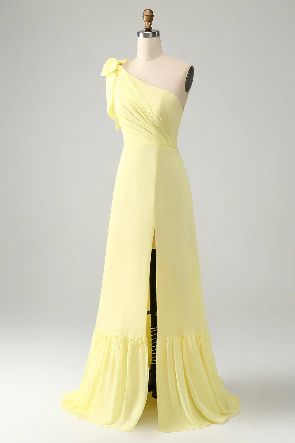 Charming A-line one shoulder pleated long slit bridesmaid dress