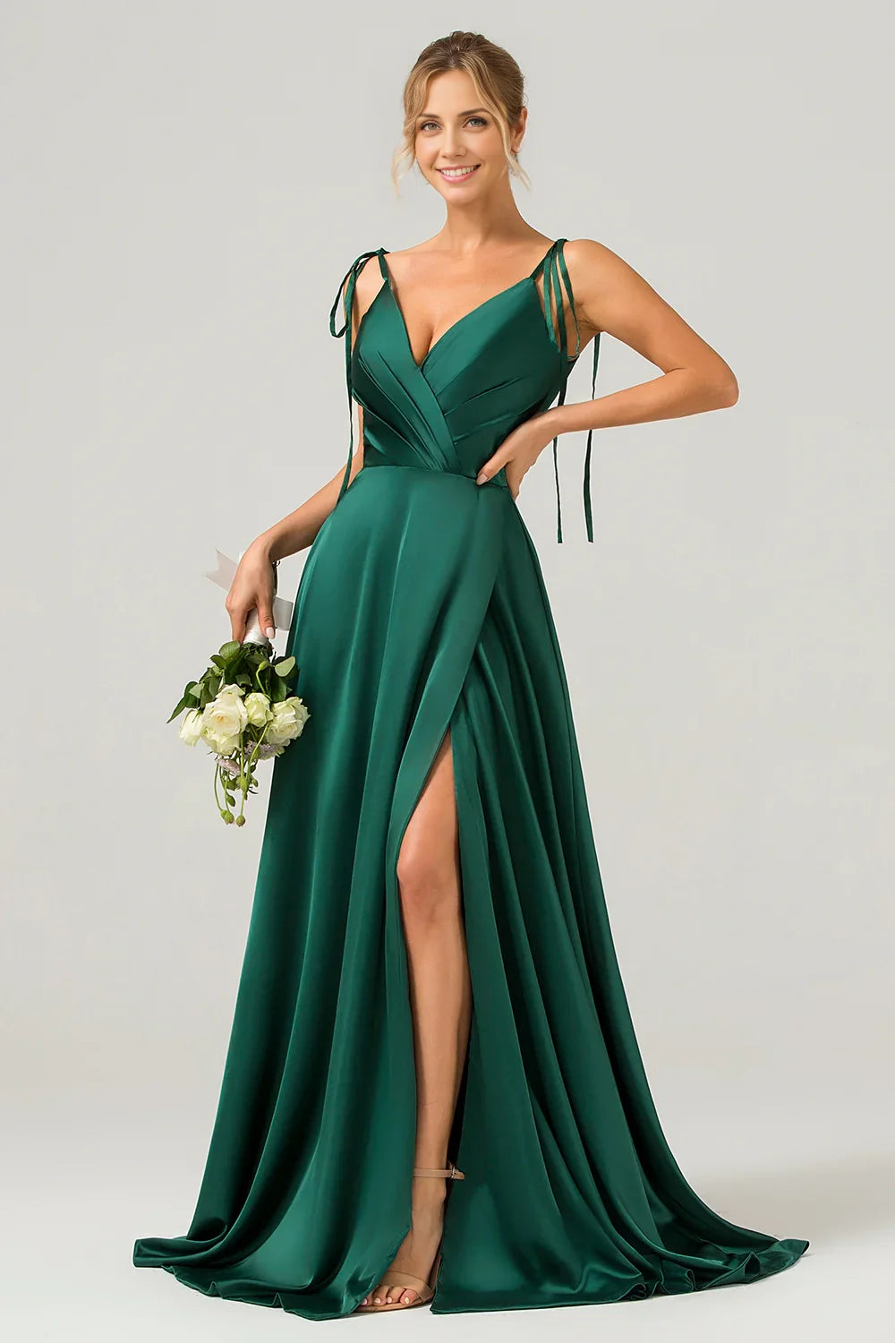 Charming A-line slim shoulder strap pleated satin long slit bridesmaid dress