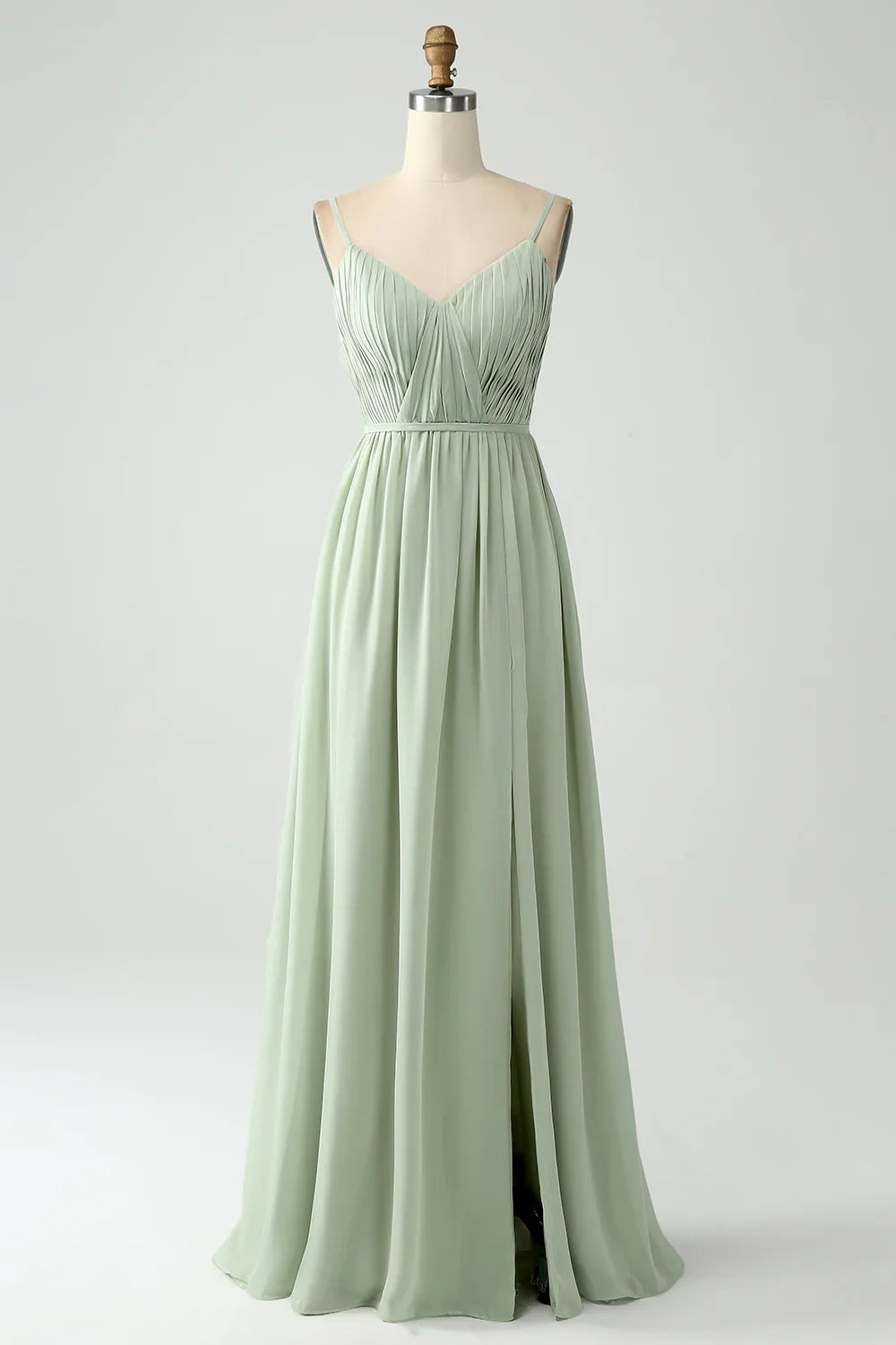 Charming A-line slim shoulder strap pleated slit V-neck sleeveless bridesmaid dress