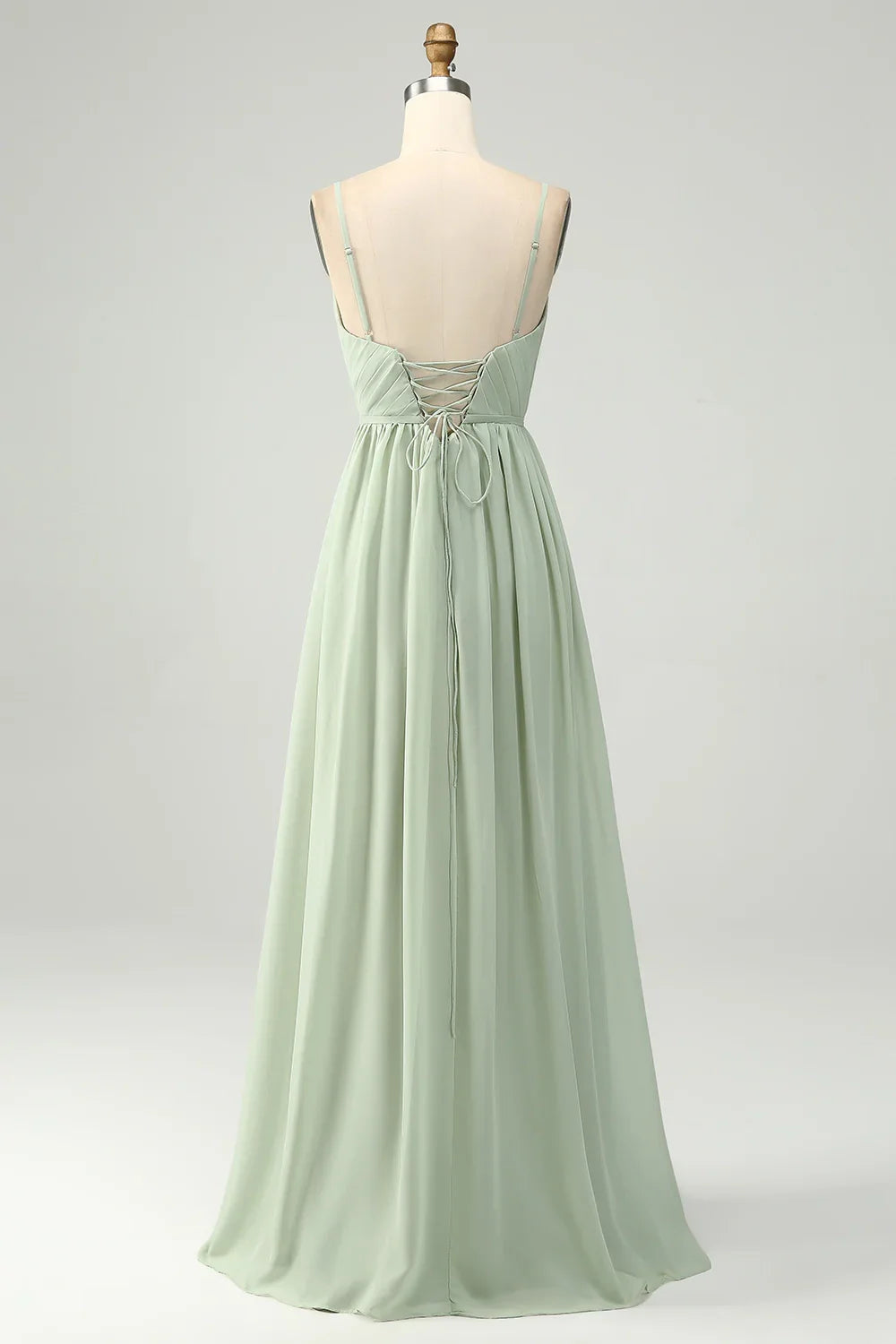 Charming A-line slim shoulder strap pleated slit V-neck sleeveless bridesmaid dress