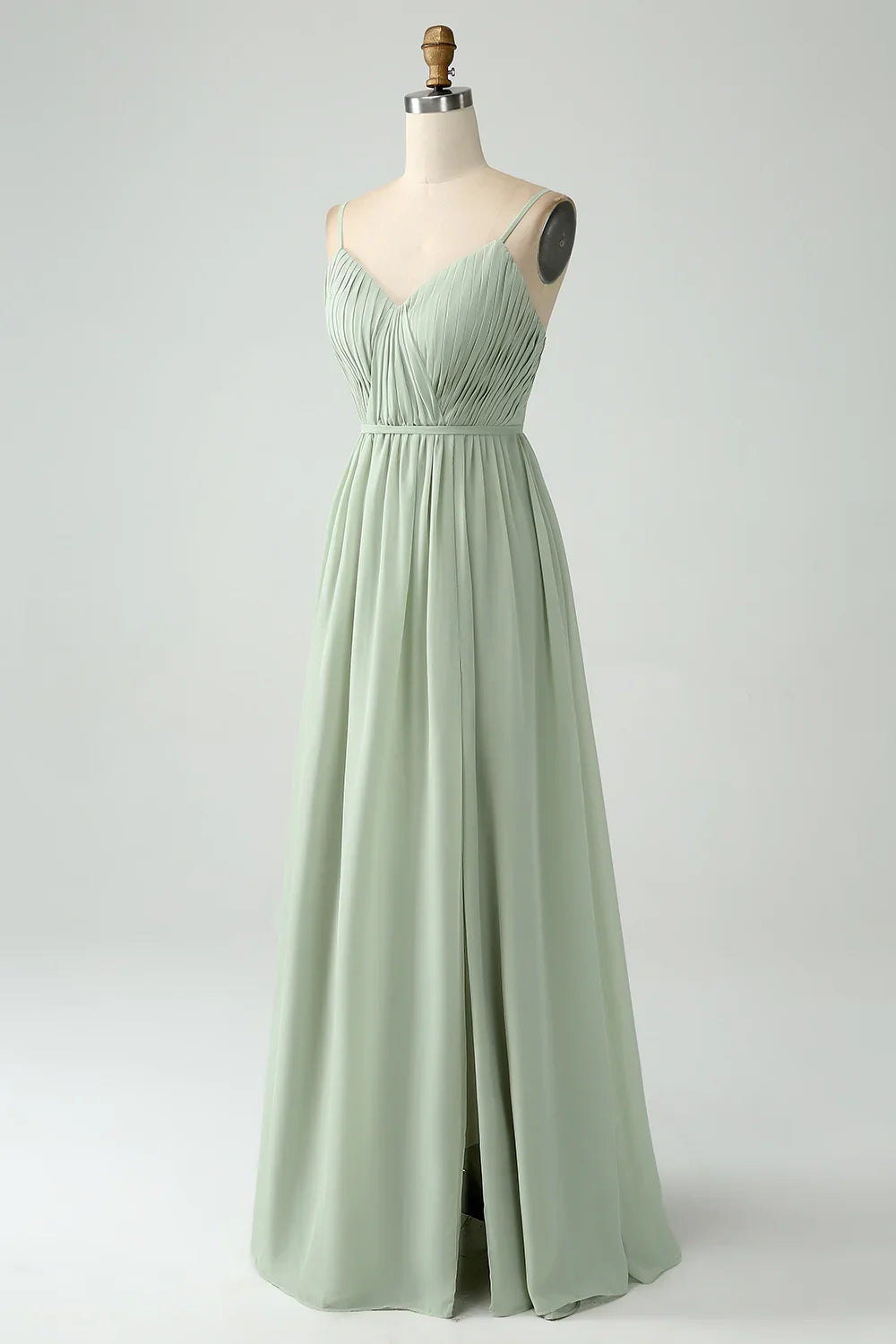 Charming A-line slim shoulder strap pleated slit V-neck sleeveless bridesmaid dress