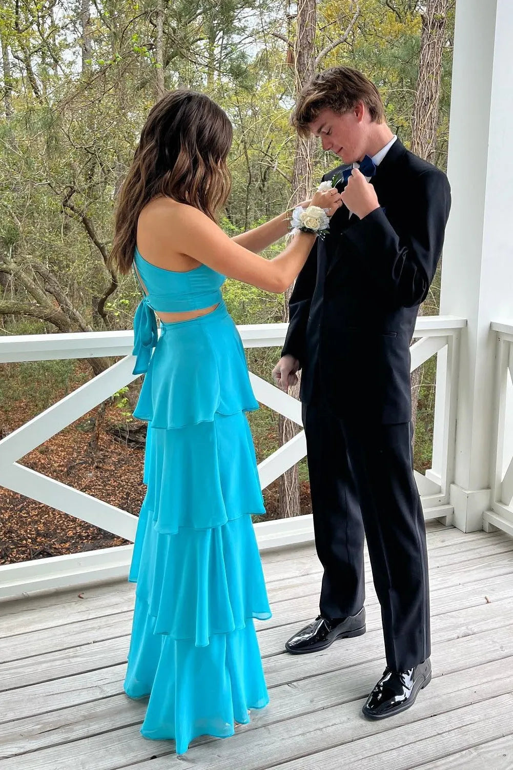 Charming Blue Chiffon A - Line V-Neck Sleeveless Ruffle Tiered Bow Back Floor length Prom Dress with Cut-out