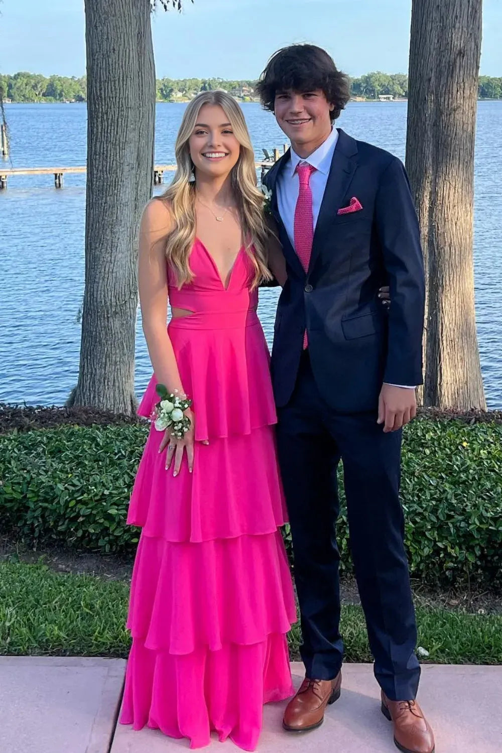Charming Blue Chiffon A - Line V-Neck Sleeveless Ruffle Tiered Bow Back Floor length Prom Dress with Cut-out