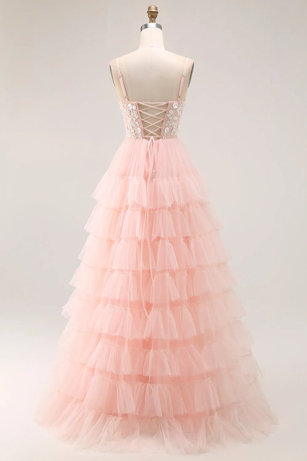 Charming Blush A-Line Sweetheart Neck Spaghetti Strap Floral Lace Up Back Tiered Tulle Floor - Length Prom Dress with Sequins