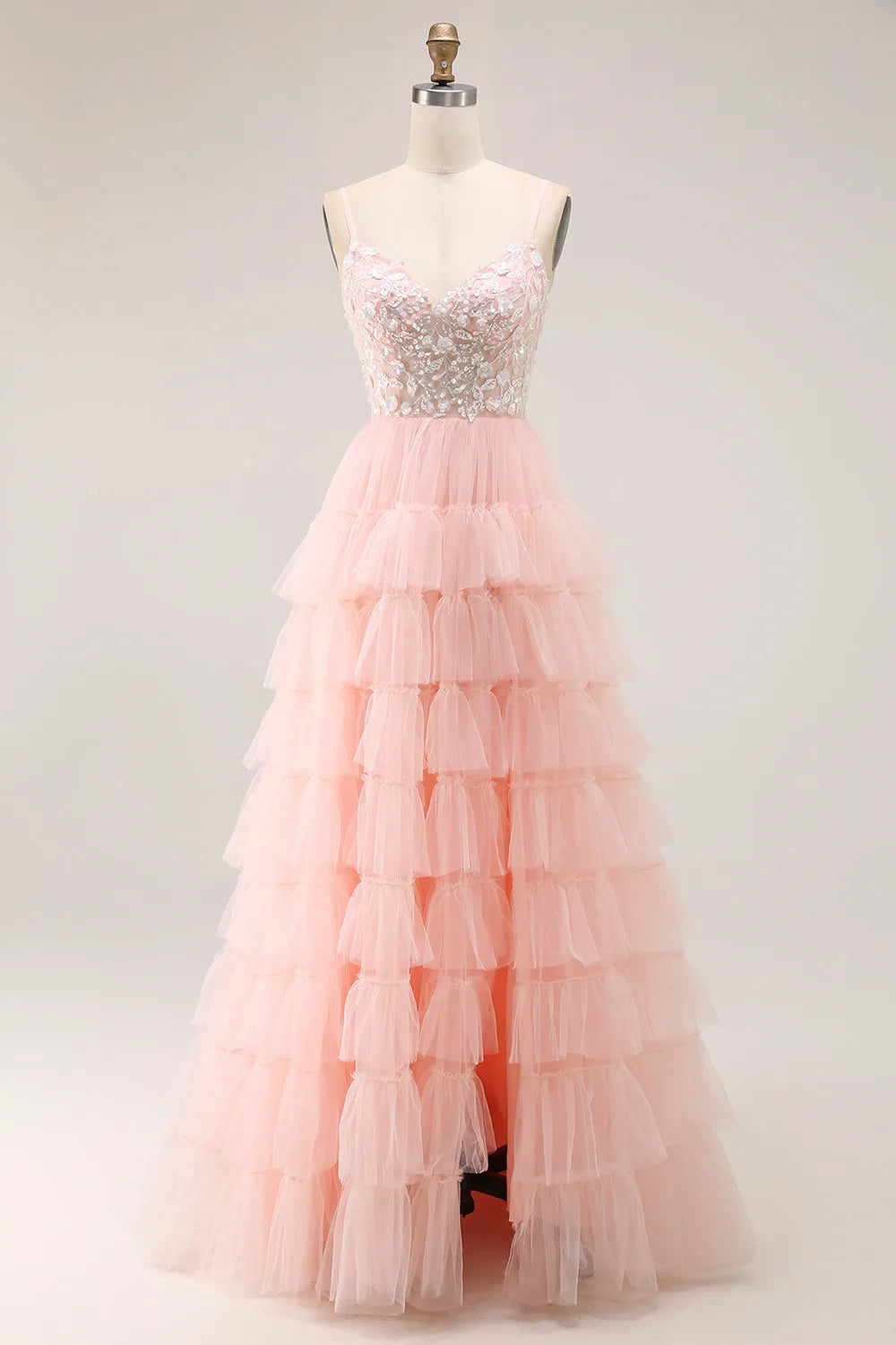 Charming Blush A-Line Sweetheart Neck Spaghetti Strap Floral Lace Up Back Tiered Tulle Floor - Length Prom Dress with Sequins