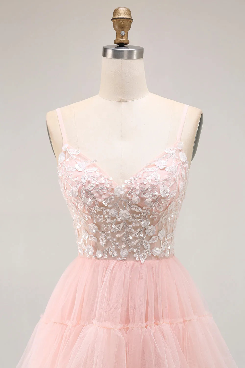 Charming Blush A-Line Sweetheart Neck Spaghetti Strap Floral Lace Up Back Tiered Tulle Floor - Length Prom Dress with Sequins