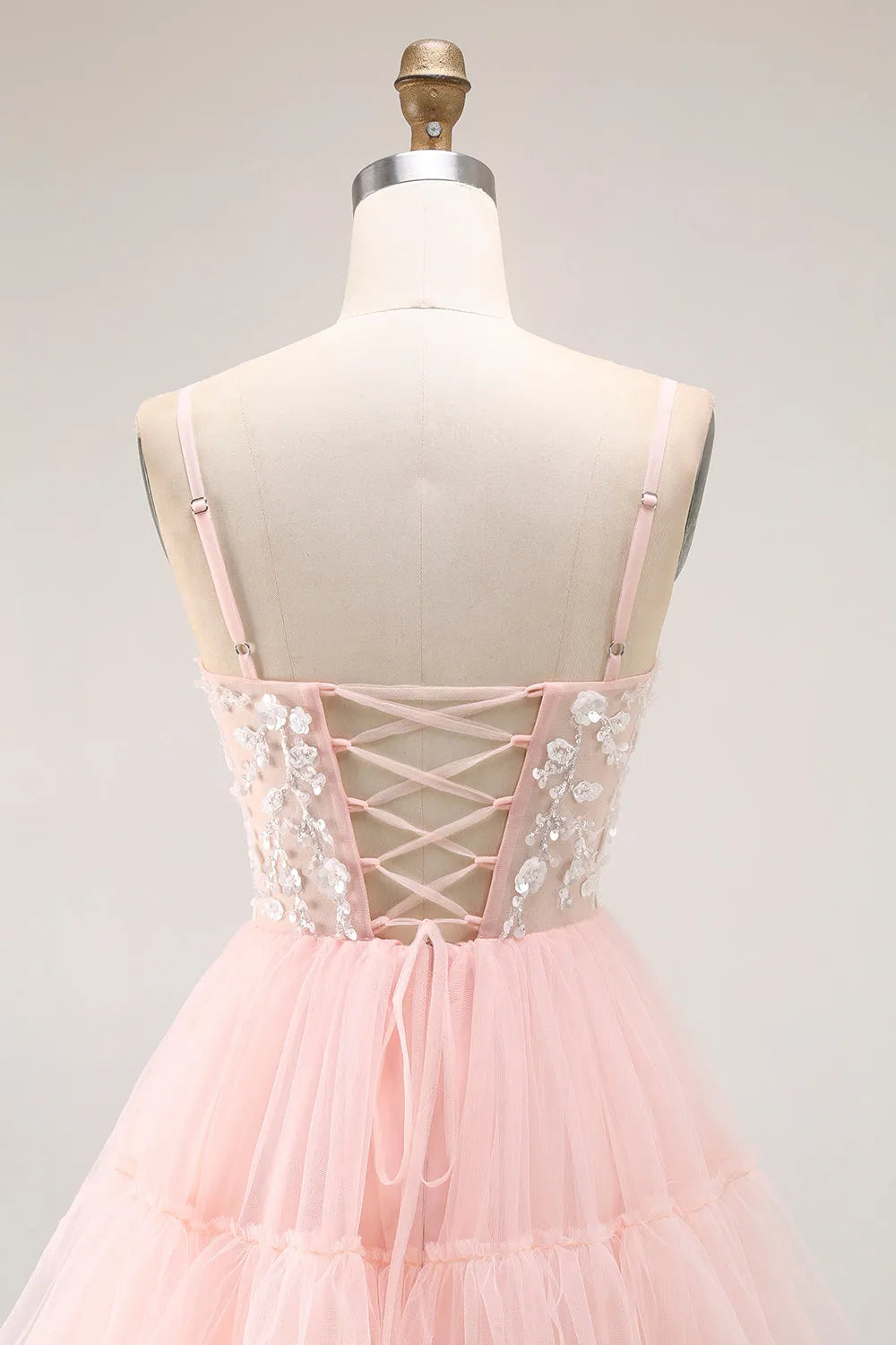 Charming Blush A-Line Sweetheart Neck Spaghetti Strap Floral Lace Up Back Tiered Tulle Floor - Length Prom Dress with Sequins