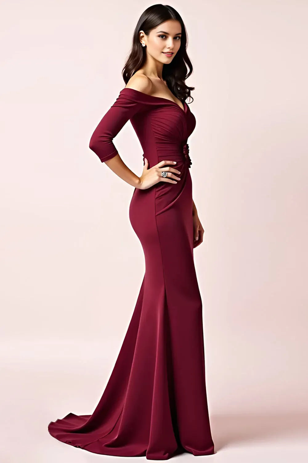 Charming Burgundy Off-Shoulder 3/4 Sleeve Flower Accent Mermaid  Mother of the Bride Dress ready to ship