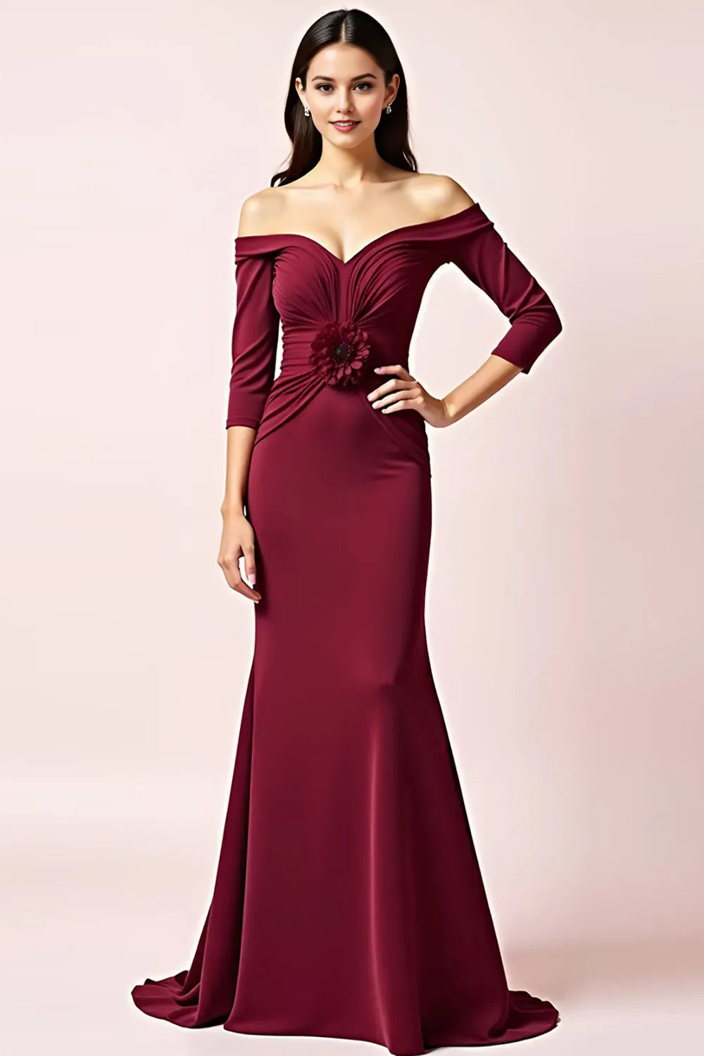 Charming Burgundy Off-Shoulder 3/4 Sleeve Flower Accent Mermaid  Mother of the Bride Dress ready to ship