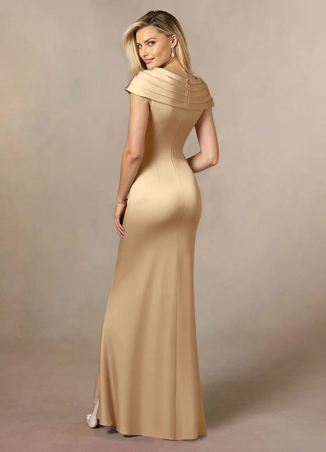 Charming Champagne A-Line Cascading Ruffles V-Neck Cap Sleeves Back Zip Floor-Length Side Leg Slit Mother of the Bride Dress for sale