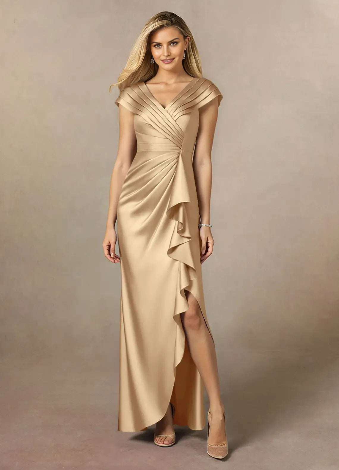 Charming Champagne A-Line Cascading Ruffles V-Neck Cap Sleeves Back Zip Floor-Length Side Leg Slit Mother of the Bride Dress for sale
