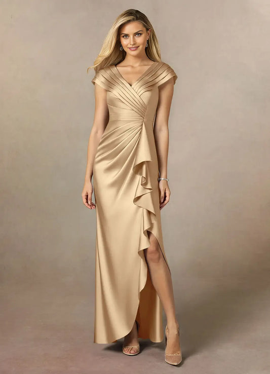Charming Champagne A-Line Cascading Ruffles V-Neck Cap Sleeves Back Zip Floor-Length Side Leg Slit Mother of the Bride Dress for sale