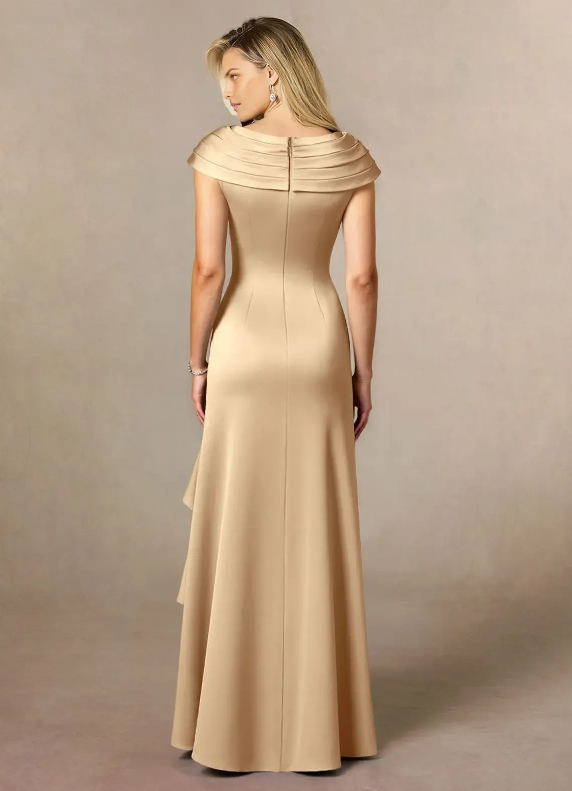 Charming Champagne A-Line Cascading Ruffles V-Neck Cap Sleeves Back Zip Floor-Length Side Leg Slit Mother of the Bride Dress for sale